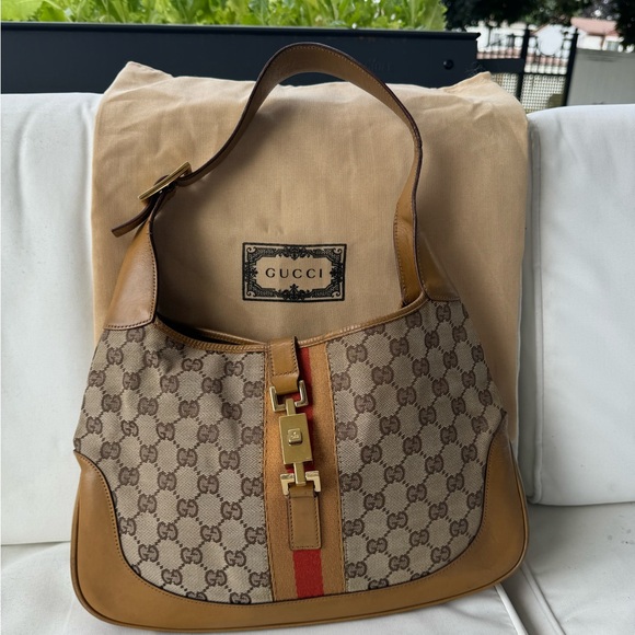 Gucci Beige and Brown Hobo Bag with Red Stripe - Picture 1 of 12